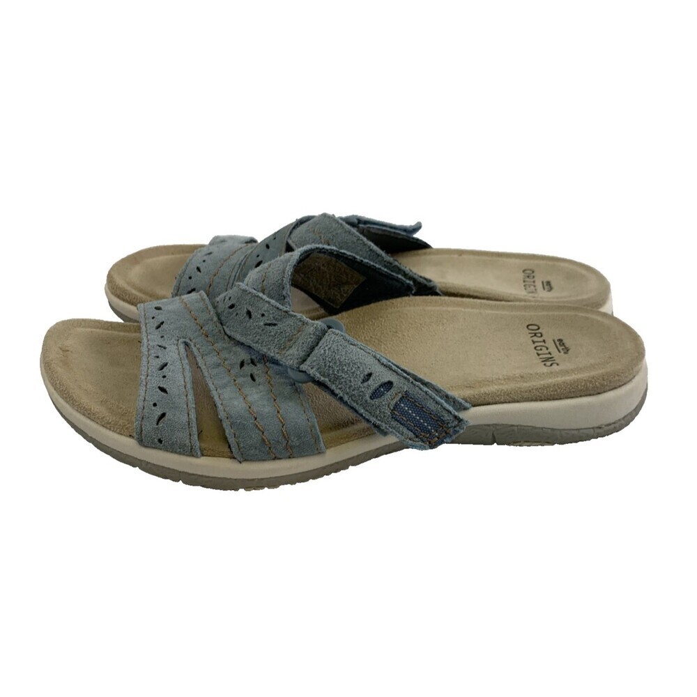 Earth Origins Savory Shantel Slide Sandal Blue Suede Adjustable SlipOn Women 6.5